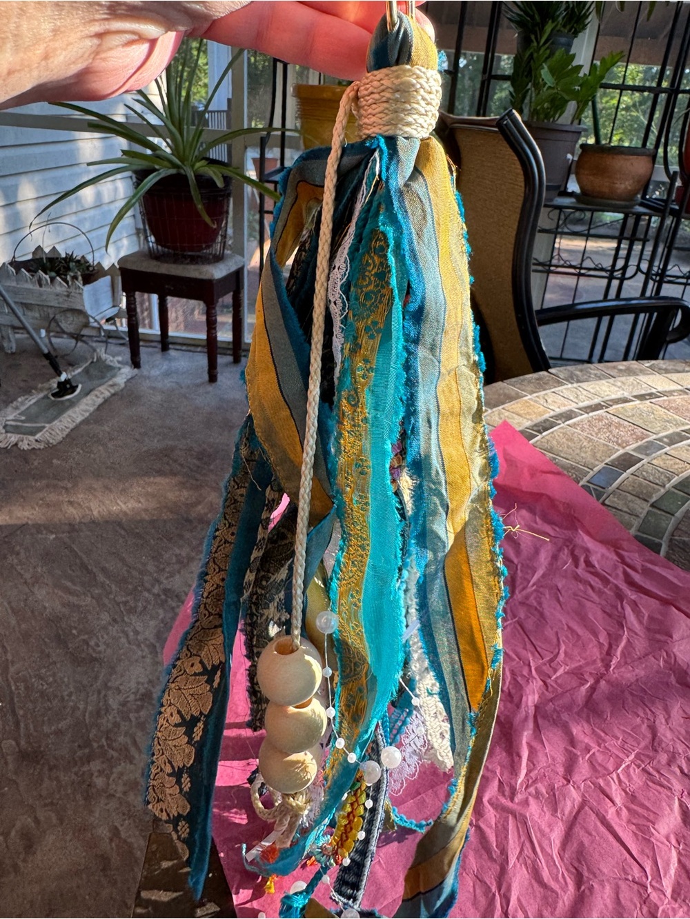 Bohemian Teal and Yellow Fabric Purse/Key Tassel Hanging Accent - Picture 3 of 3